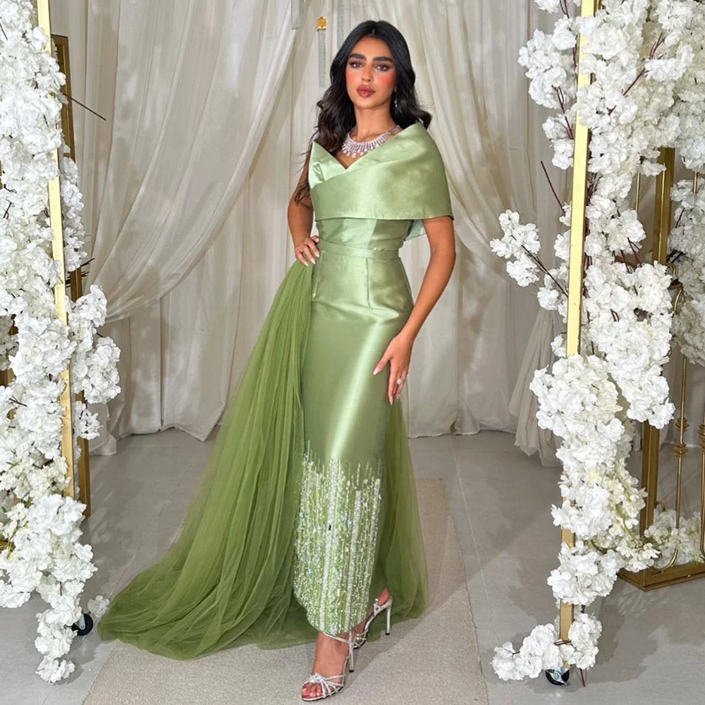 Serene Hill Sage Green Satin One-Shoulder Beaded Mermaid Tea-Length Evening Gown for  - Wedding Party 2024 LA72194 Customized