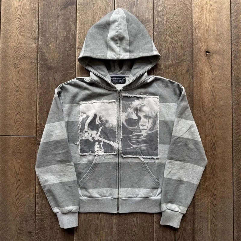 Women's Zip Up Hoodie Gray Striped Portrait Graphic Long Sleeve Oversized Casual Y2K Grunge Streetwear Hooded Sweatshirt Jacket