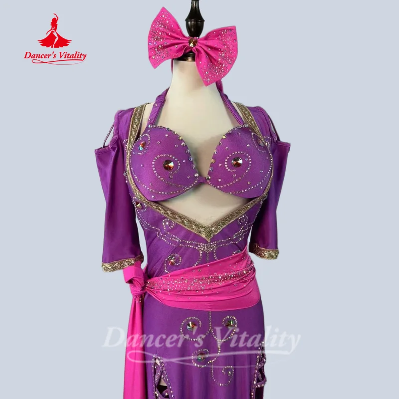 زي الراقصة الشرقية للنساء حمالة صدر مخصصة من أحجار AB + وشاح الرأس + وشاح الورك + رداء 4 قطعة ملابس مسابقة Saidi Shabbi Baladi