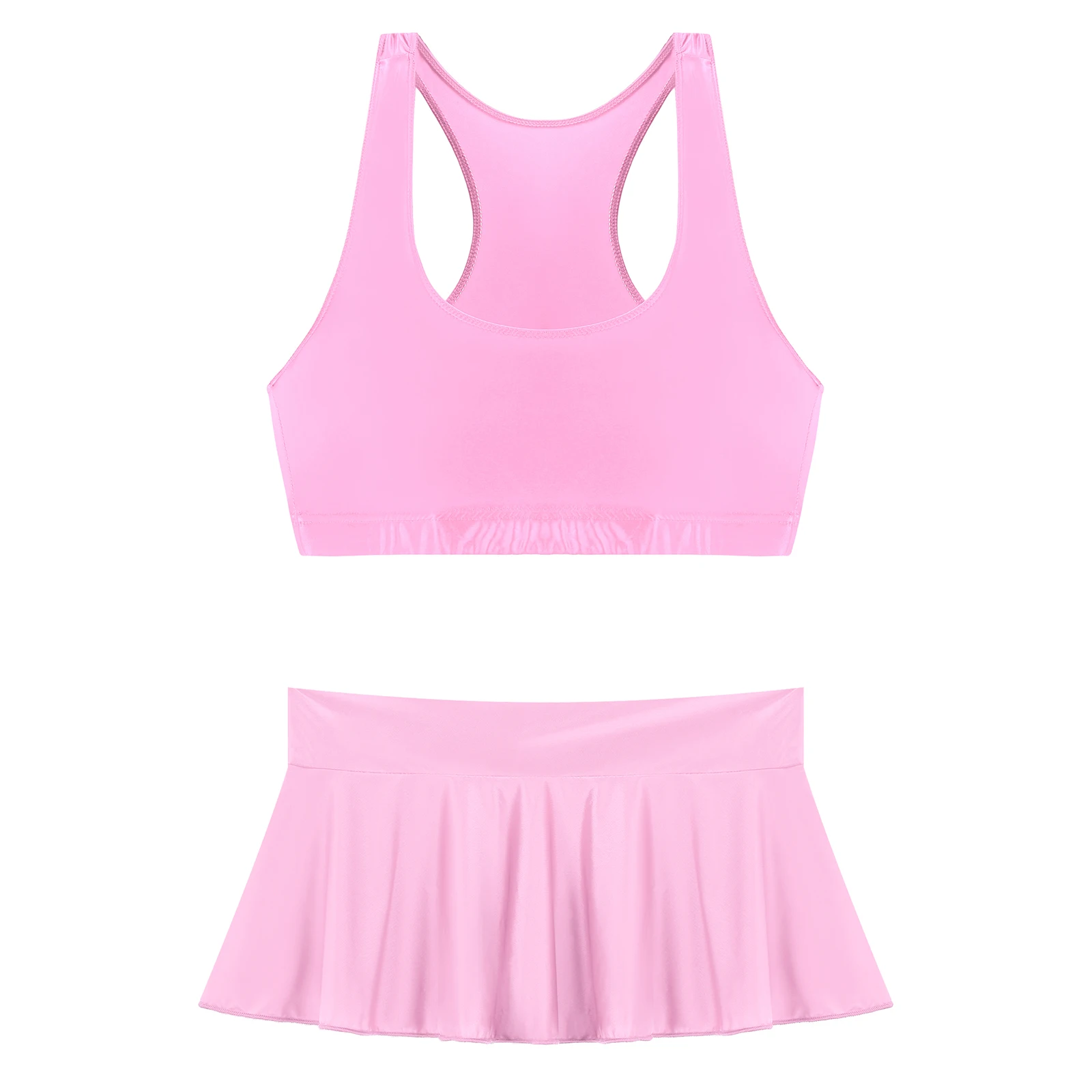 Canottiere Crop senza maniche lucide da donna canotta minigonna arruffata Sport tinta unita Fitness Yoga Pool Party costumi da bagno Dance Clubwear