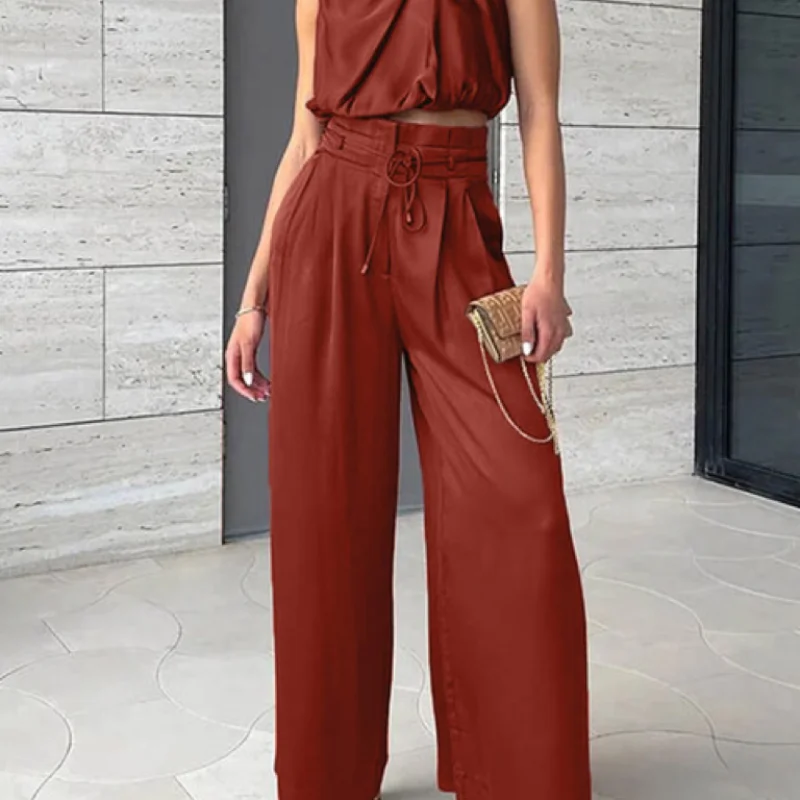 Conjunto informal de 2 piezas para mujer, Top sin mangas con ombligo abierto, pantalones de pierna ancha, verano 2023