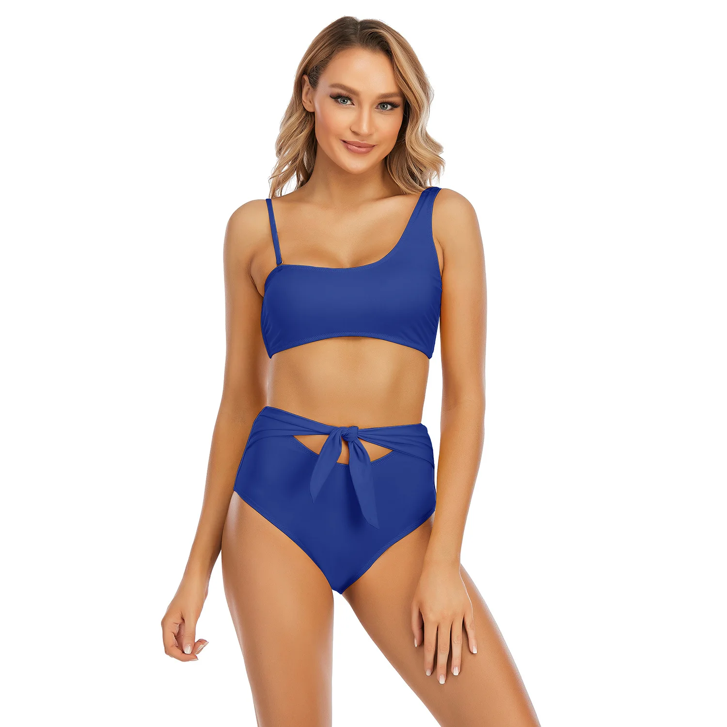 2022 New Swimwear Women's Swimsuit Wholesale Slim Looking Belly Covering Conservative Solid Color High Waist Bikini