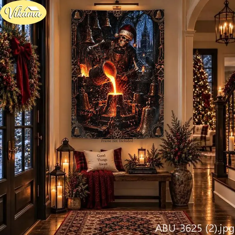 VIKAMA Dark Christmas Cast Clock Skull Tapestry, Gothic Castle Background Cloth, Living Room Party Wall Decor