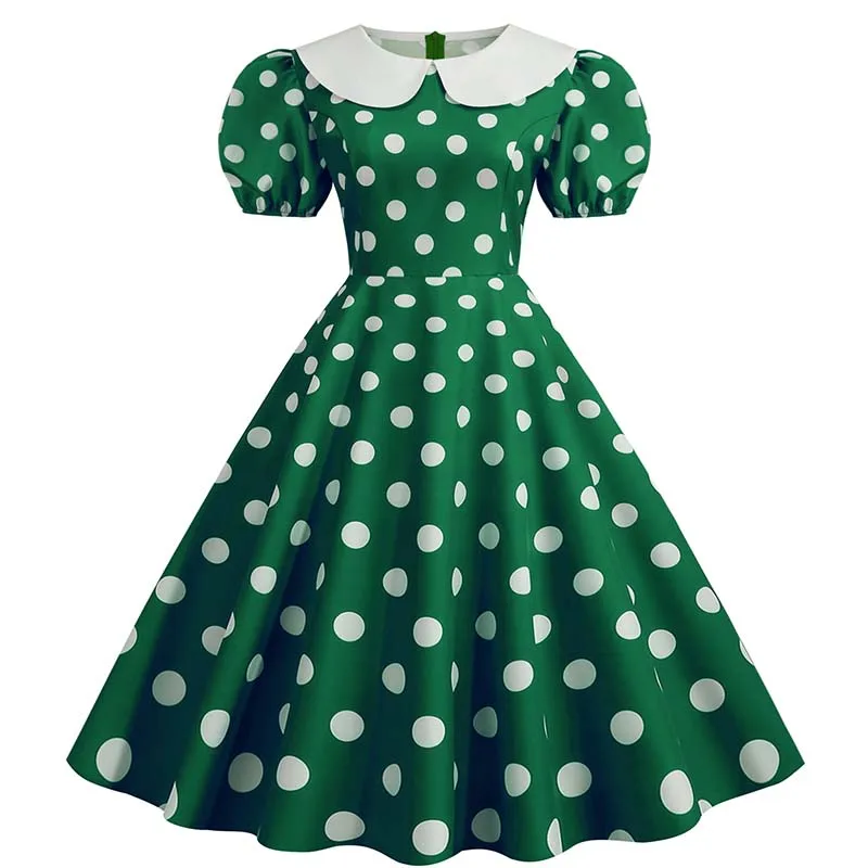 Elegant Women Summer Dress Puff Short Sleeve Polka Dot Peter pan Collar Vintage A-line Midi Long Party Sundress