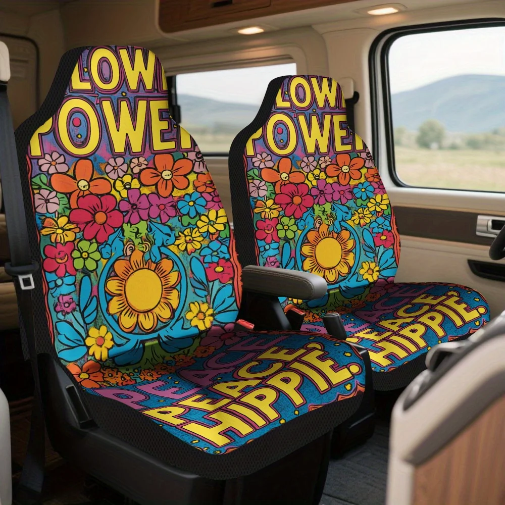 Set Of 2 Hippie-Themed Car Seat Covers Featuring Peace And Love Designs, Suitable For Front Seats Of Various Vehicles, Made From
