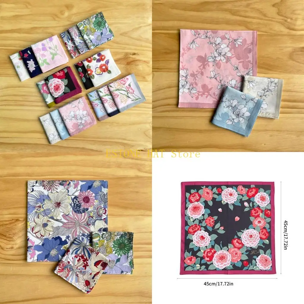 

49MF Colorful Hankie Women Handkerchiefs Polyester Floral Pattern Super Soft Washable Hanky Chest Towel Pocket Handkerchiefs
