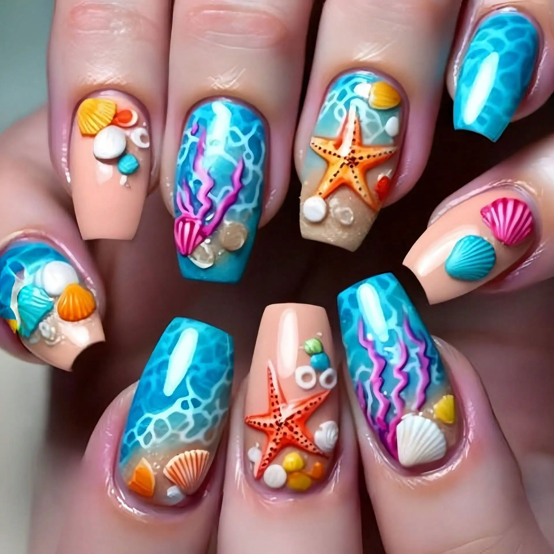 

Jelly Glue + Rubber StripLong Ballet Nails In Blue Ocean Series, Light Pink Fairy-Style Detachable False NailsJelly Glue + Rubbe