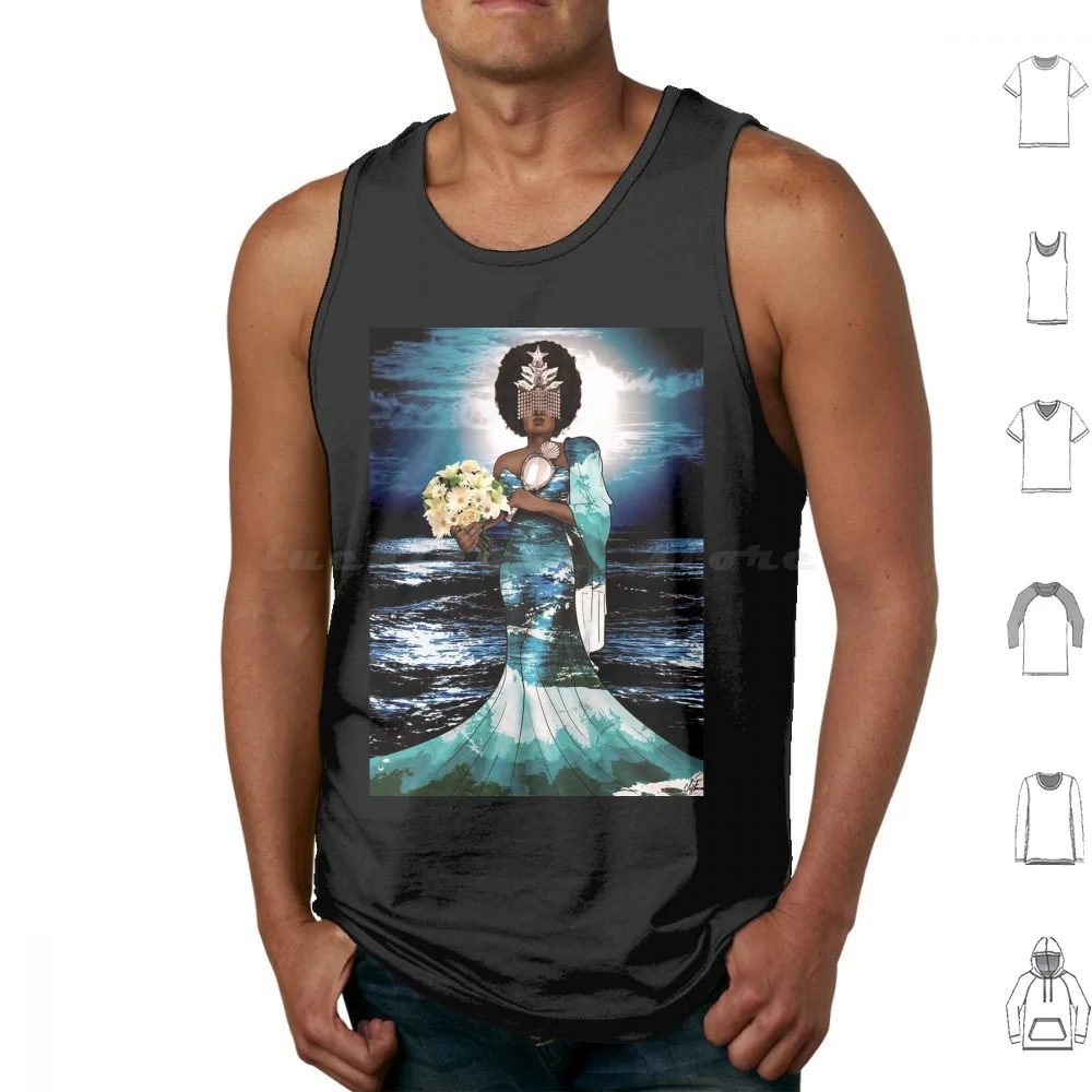 Yemanja Camisetas sin mangas Algodón estampado Yemanja Iemanja Dios Dess Dios del mar Reina del mar Diosa africana África Negro
