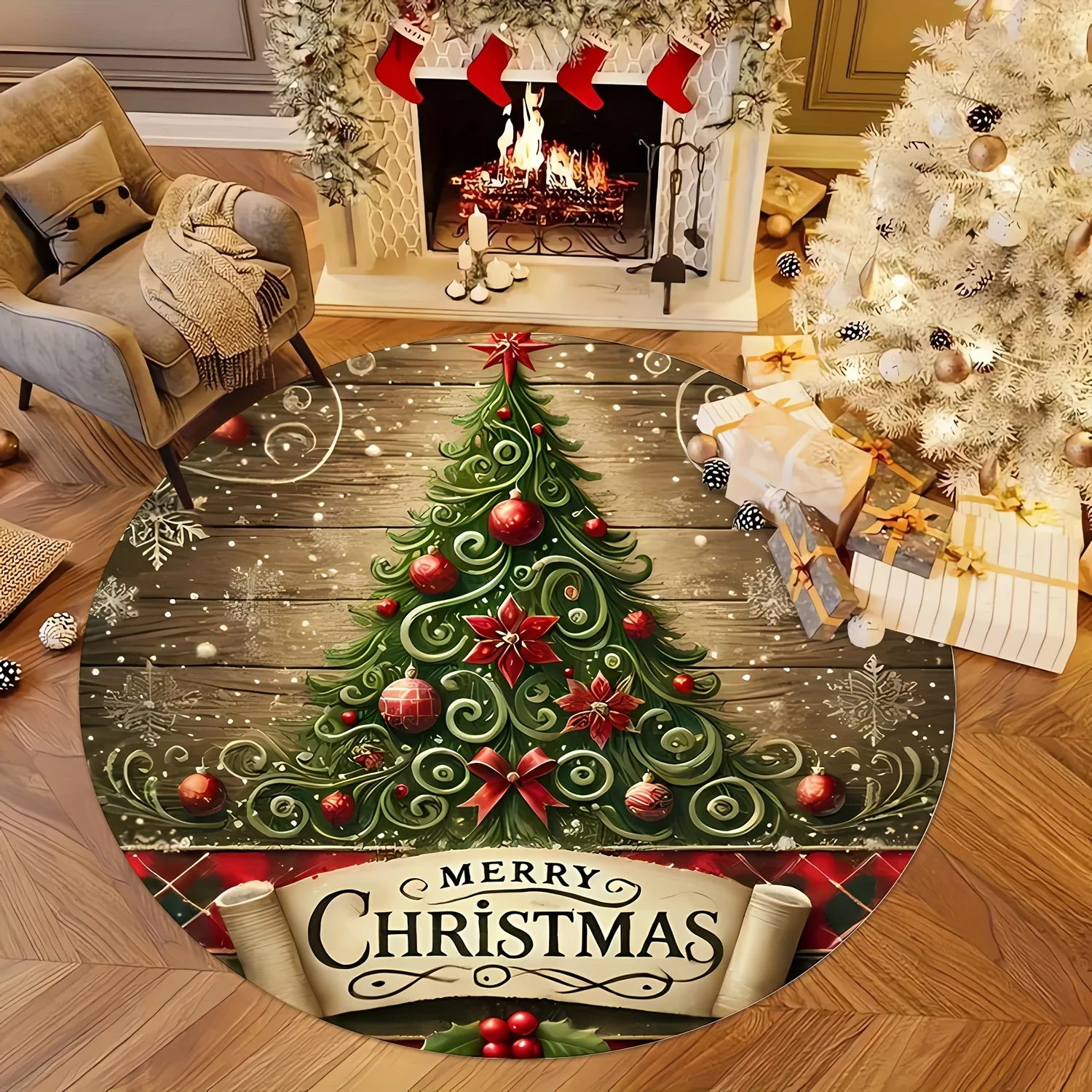 Merry Christmas Round Rug Green Xmas Tree Red Baubles Star Holiday Floor Area Carpet for Home Living Room Bedroom Decor