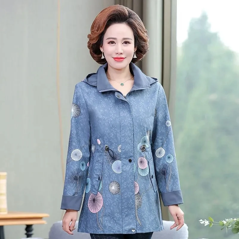 Spring Autumn Female Windbreakers 2023 New Middle-aged Woman Slim Print Hooded Mid Long Trench Coat Women\'s Basic Coats Size 5XL