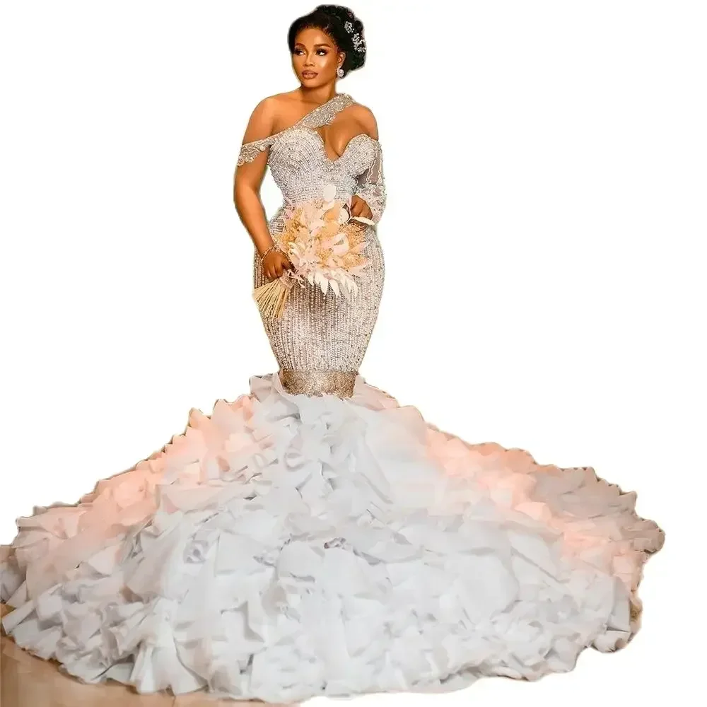 

Customized One Shoulder Crystals Pearls Mermaid Wedding Dresses Robe De Mariée Moveable Multi-Layered Ruffles Bridal Gown