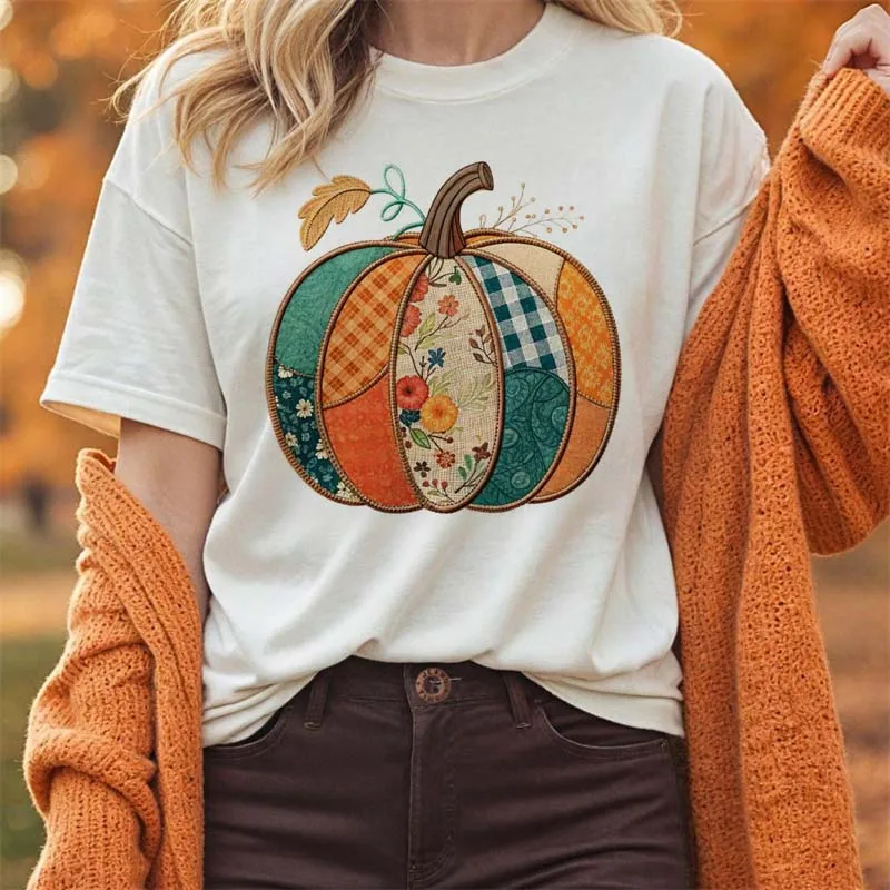 Printed Boo Crew Pattern Women's Autumn T-Shirt Round Neck Casual Halloween Popular Women's Watercolor Cute Top White T-Shirt