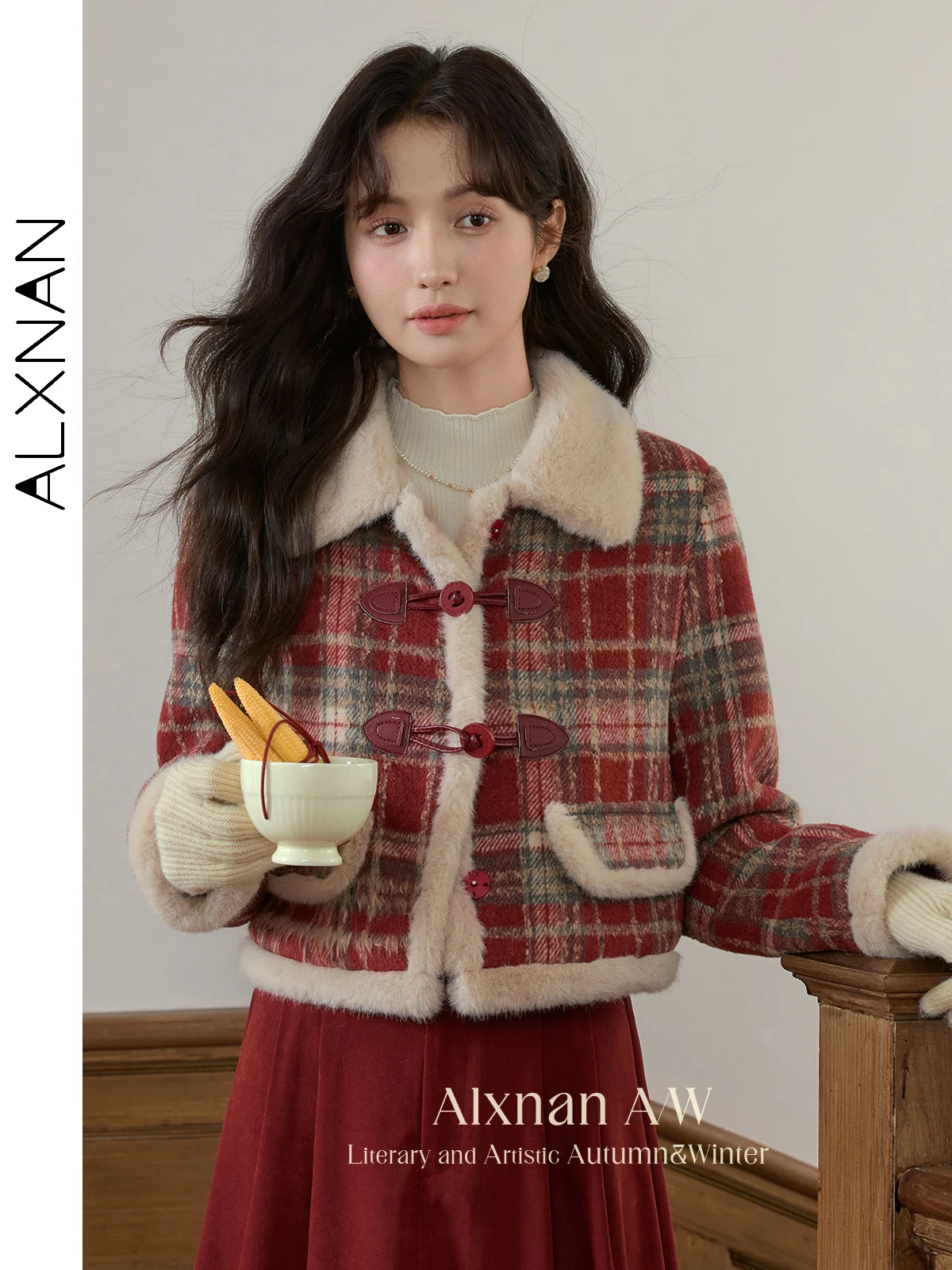 

ALXNAN Women Winter Jackets Warm Lapel Collar Patchwork Plaid Long Sleeve Quilted Coats 2024 Thickness Loose Outerwear QJD00110