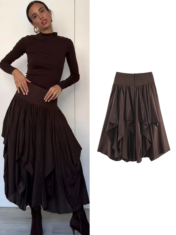 

TFMLN New Arrival Women's Solid Midi Skirt Fashion Layered Decorative Design Casual Asymmetrical Elegant High Waist Lady Skirt