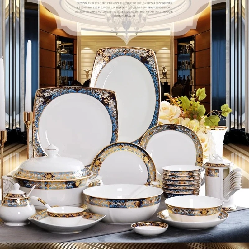 Fine China Porcelain Dinnerware Luxury Dining Room Party Wedding Gold Plates Guests Home Vaisselle Cuisine Ceramic Dinnerware