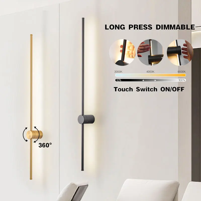 

Touch Dimmable Black Copper LED Wall Lights For Aisle Bedroom Bedside Dining Room 360° Rotatable Long Strip Wall Lamp Up&Down