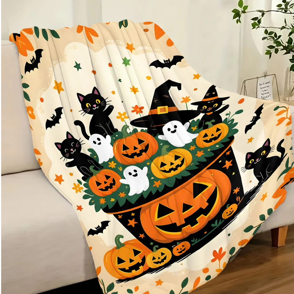 Cute Halloween Throw Blanket Pumpkin Pot Black Cat Ghost Bat Floral Leaf Print Soft Flannel Blanket Sofa Bed Holiday Home Party