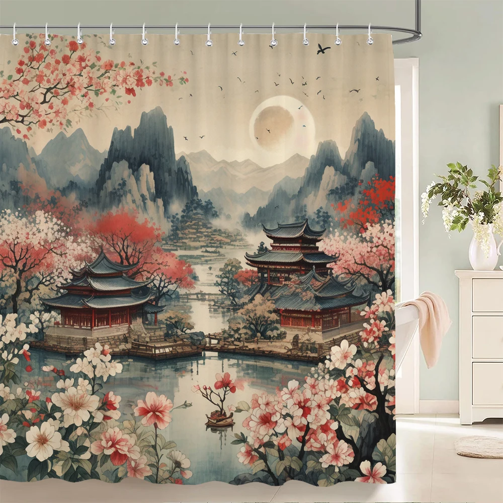Japanese-style Shower Curtain 3d Ink Painting Bathroom Curtain Waterproof  With Hooks 180*240CM Shower Curtain Polyester Fabric