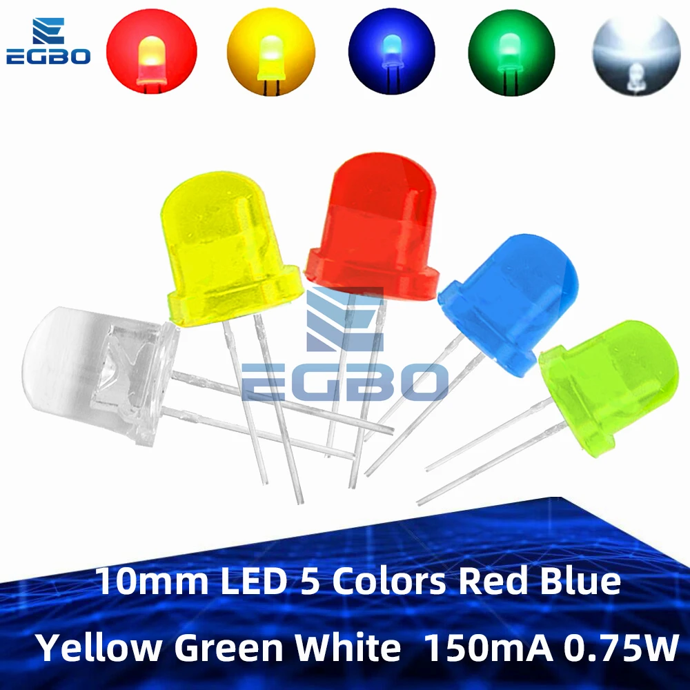 5 Stück 10 mm F10 LED-Leuchtdiodenlampe – 5 Farben Option, 150 mA, 0,75 W – ultrahelles rundes Design