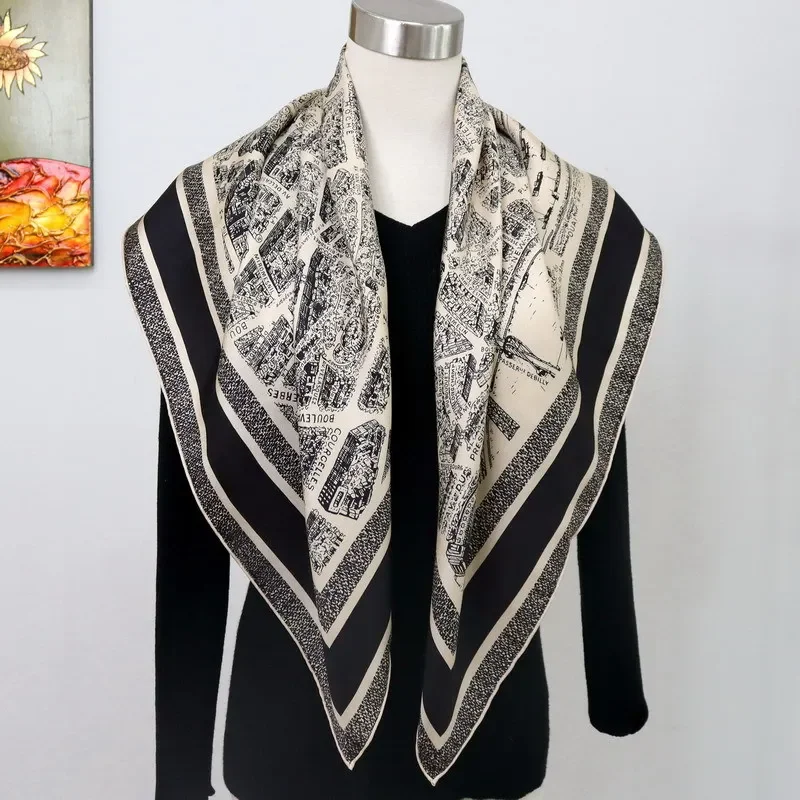 High-end Elegant Women Exquisite Paris City Double Sided Print Quality 18MM Twill Silk Hand-rolled Edge Large Square Scarf Shawl