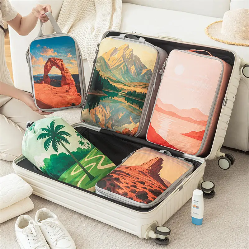 5 pçs/set conjunto organizador de viagem saco de armazenamento grande capacidade saco compressível roupa interior mala zíper bolsas de bagagem