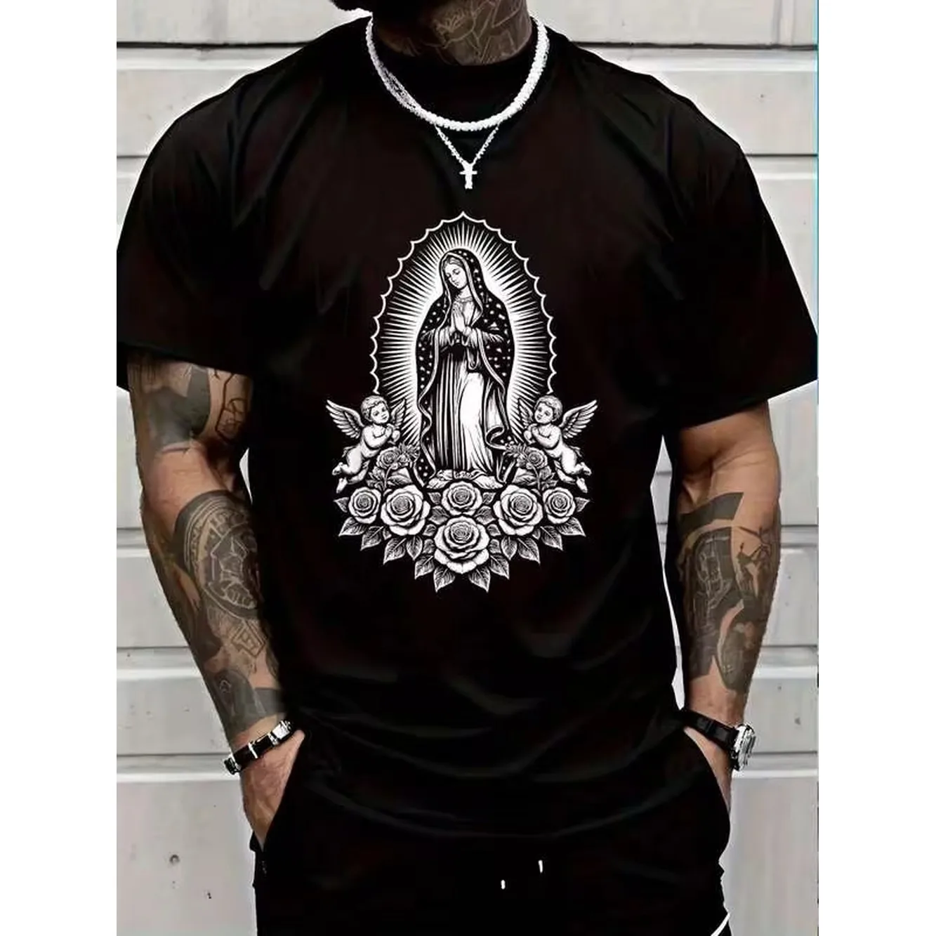 % Cotton Our Of Guadalupe Saint Virgin Mary-Shirt Casual Short Sleeve Shirt Men Graphic Tee RDWS