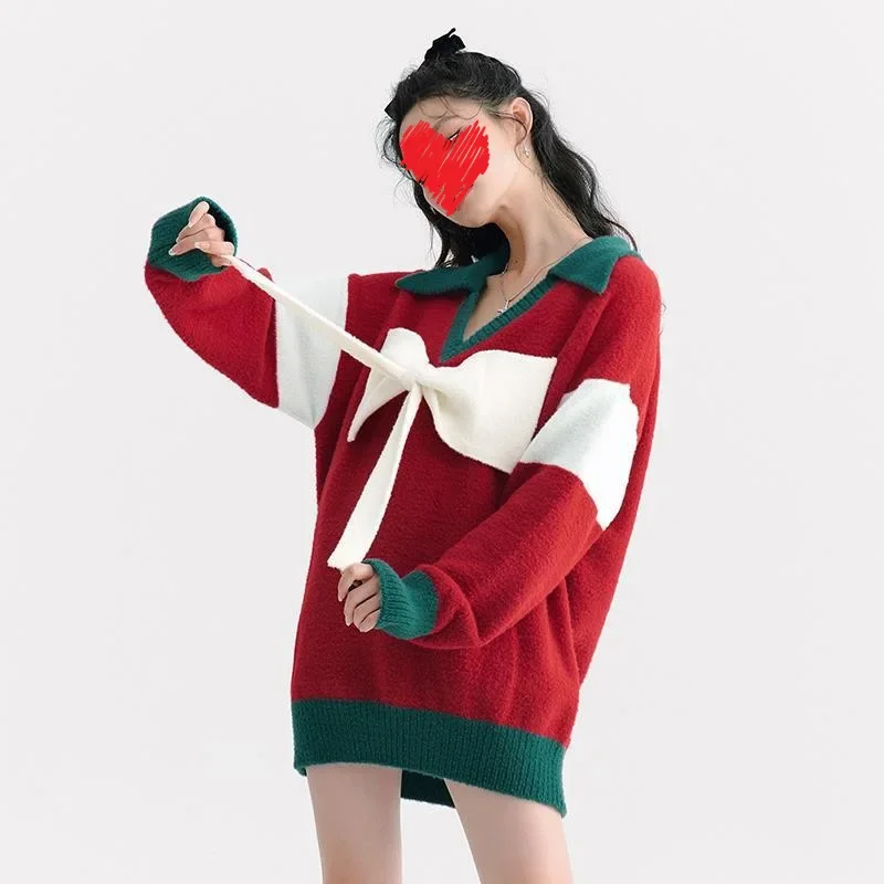 

Women's Christmas Red Sweater 2023 Winter New Style Red Sweet Cool Cute Bow Knit Sweater Elegant and Beautiful Women's Blouse