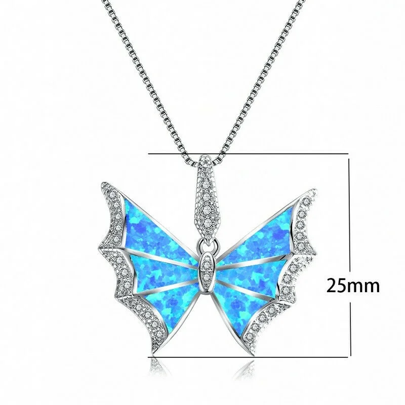 Ladies Blue Simulated Opal Silver Cute Butterfly Pendant Necklace Jewelry