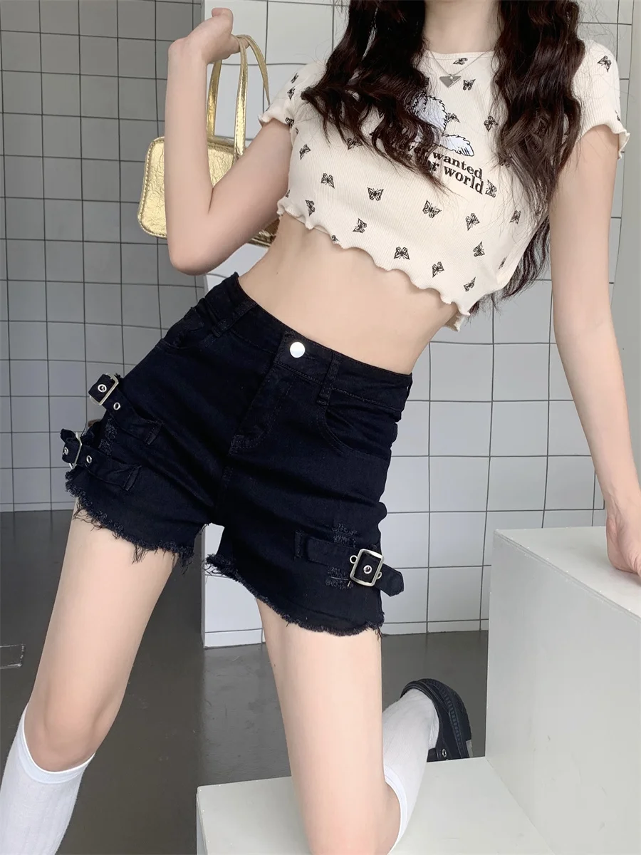 

Slergiri American retro raw hem denim shorts women summer new sexy casual high-waisted black straight-leg jeans shorts