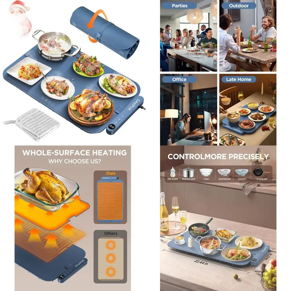 

Электрический коврик для подогрева еды 2025 года, 6 настроек температуры, автоматическое отключение, съемный и моющийся, идеально подходит для вечеринок (синий)