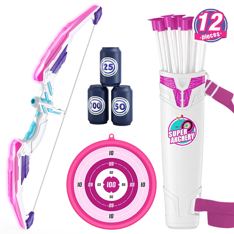 Arc et flèches pour enfants, ensemble de tir à l'arc lumineux à LED avec 12 flèches à ventouse, supports de tir, 3 cibles de score et 1 porte-flèches, cadeaux sportifs d'intérieur et d'extérieur pour garçons et filles de 3 à 12 ans, cadeau d'anniversaire, d'Halloween ou de Noël