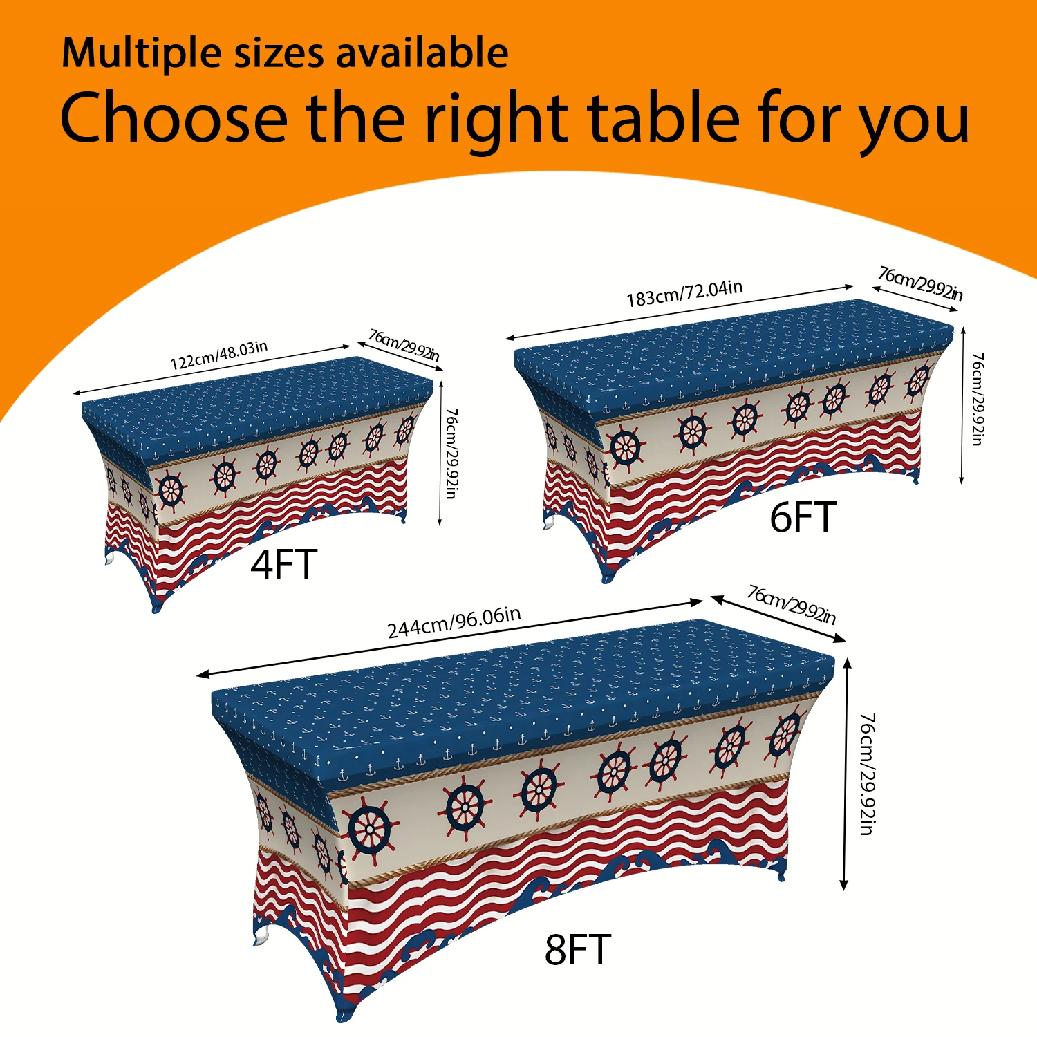 1PC Nautical Ship Wheel & Wave Printed Elastic Tablecloth, 4/6/8FT Summer Outdoor Stretchable Rectangular Tabl