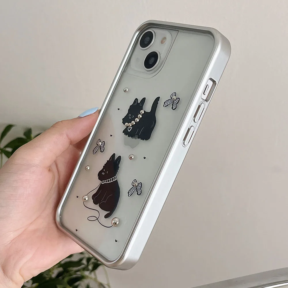 Coreia bonito dos desenhos animados cão preto 3d colar arco capa de telefone para iphone 15 pro max 12 13 14 pro max moldura de prata caso à prova de choque