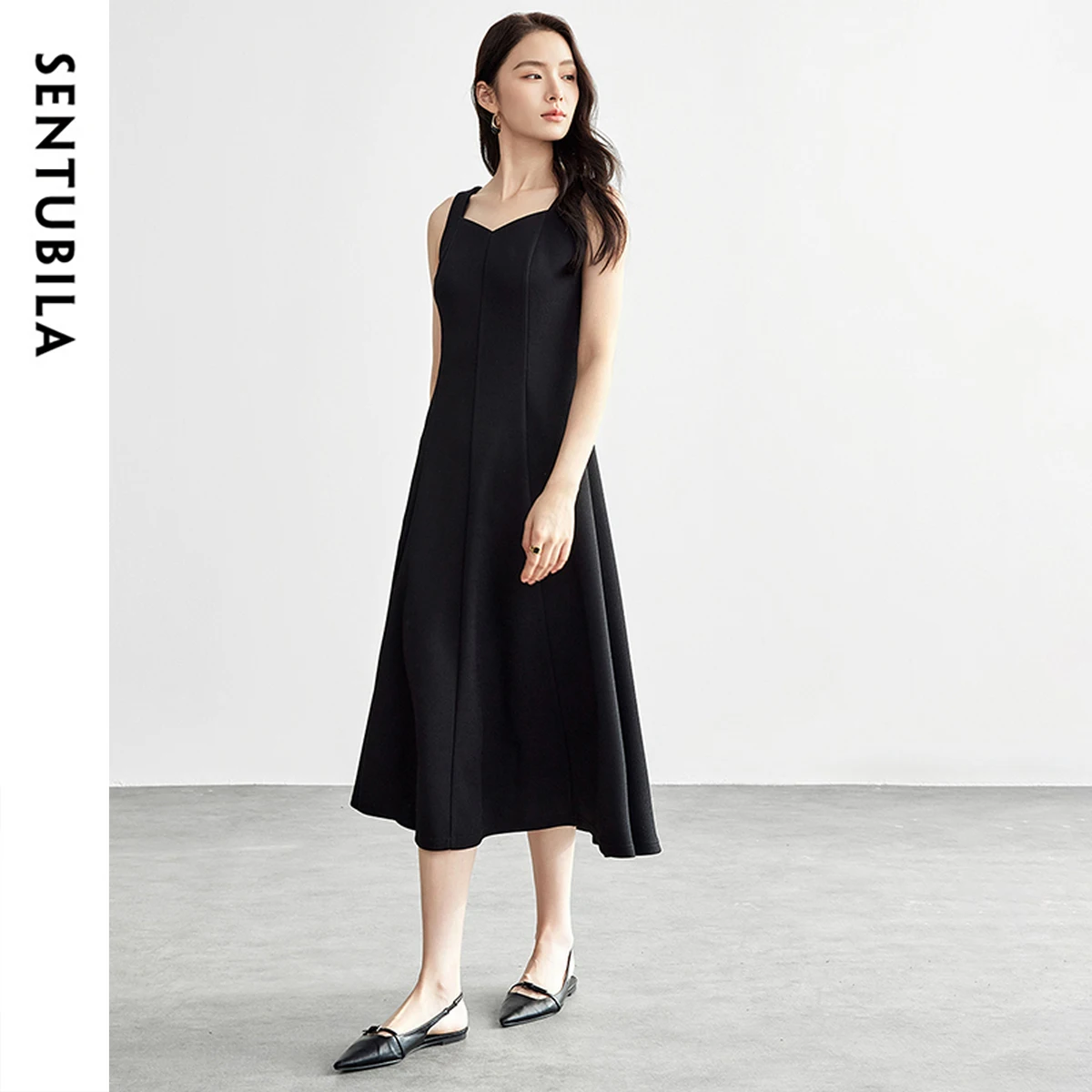 

SENTUBILA Jacquare Knitted Dress 2025 Spring Fall Knit Black A-line Sundress V Neck Sleeveless Elegant Midi Dresses 151L57505