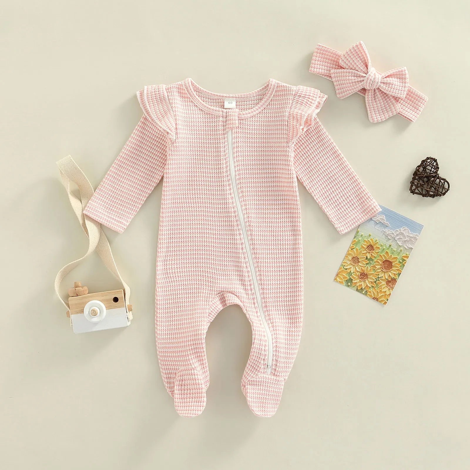 Newborn Baby Girls Footies Suit, Long Sleeve Zipper Ruffle Patchwork Casual Party Street Spring Jumpsuits +Headband   0-9M