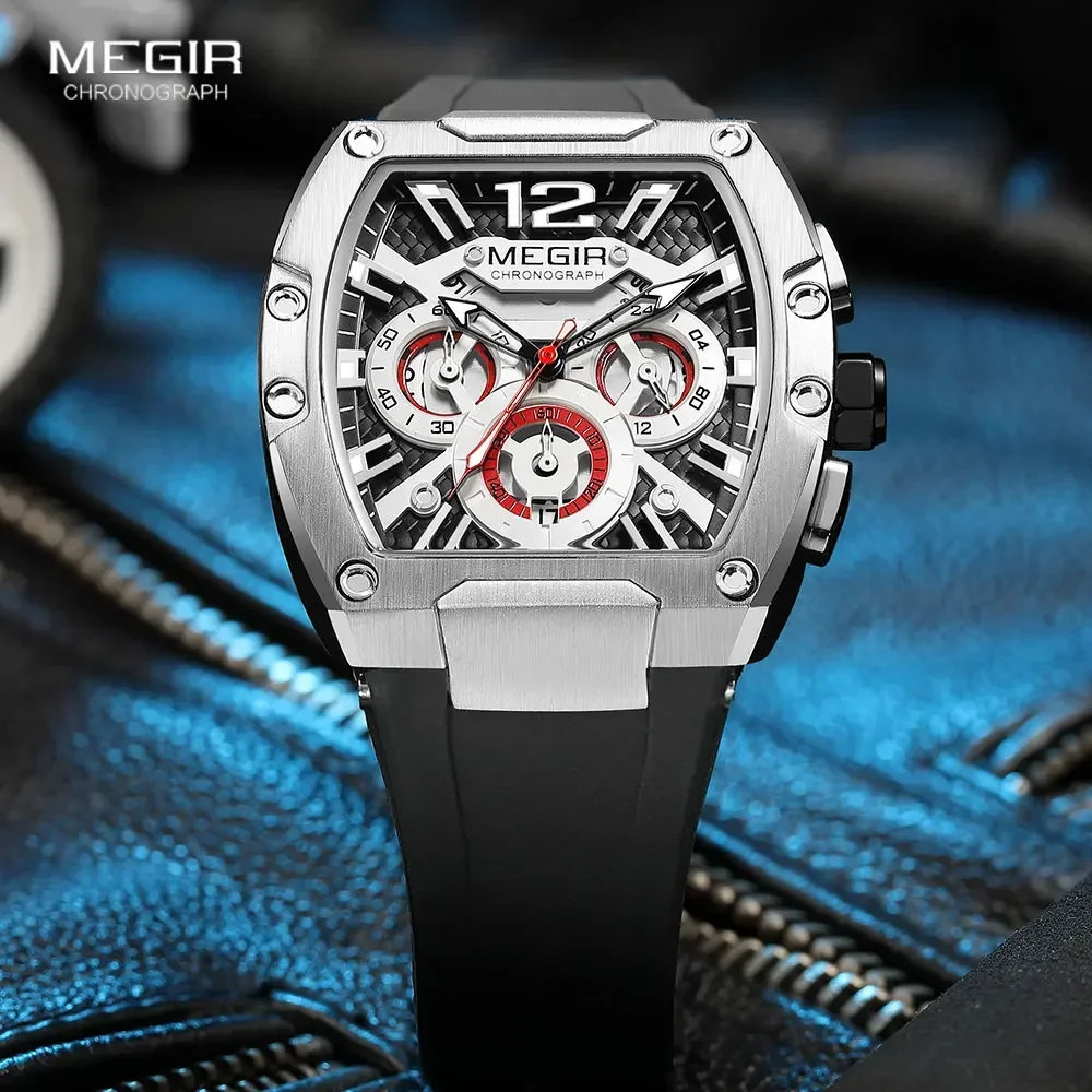 MEGIR Silver Black Quartz Chronograph Watch for Men Fashion Waterproof Luminous Sport Wristwatch with Silicone Strap Auto Date