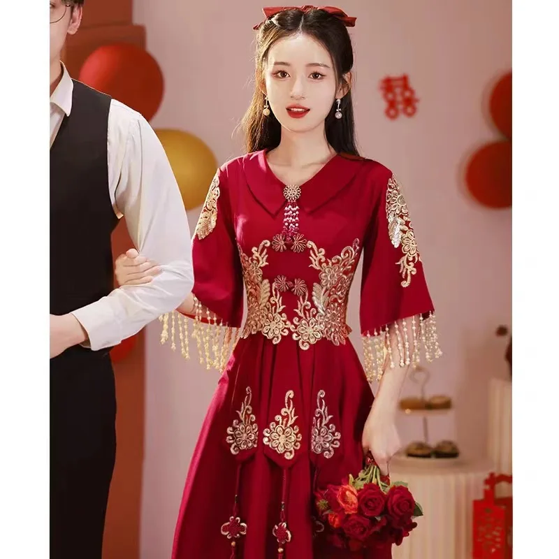 

Chinese Style Bridal Toasting Cheongsam Dress Wind Red Traditional Qipao Vestidos Vintage Wedding Elegant Evening Party Dresses