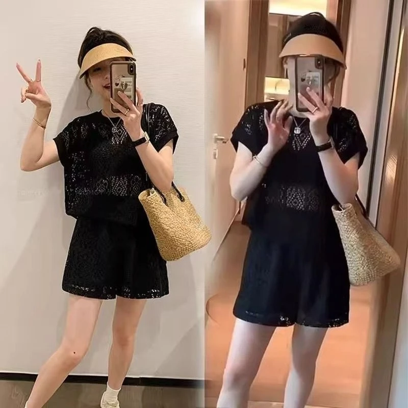 Women Summer Lace Two Piece Set Hollow Out Crop Top Shorts Casual Fashion Outfit Elegant Lightweight Breathable - view 2