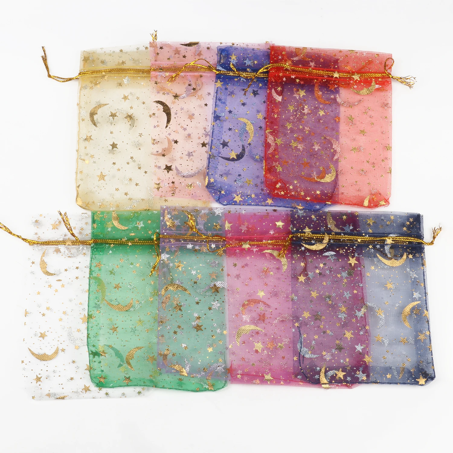 50pcs 9x12cm 11x16cm 13x18cm 17x23cm Mixed Gold Moon Star Adjustable Drawstring Pouch Bags for Wedding Gifts Organza Jewelry