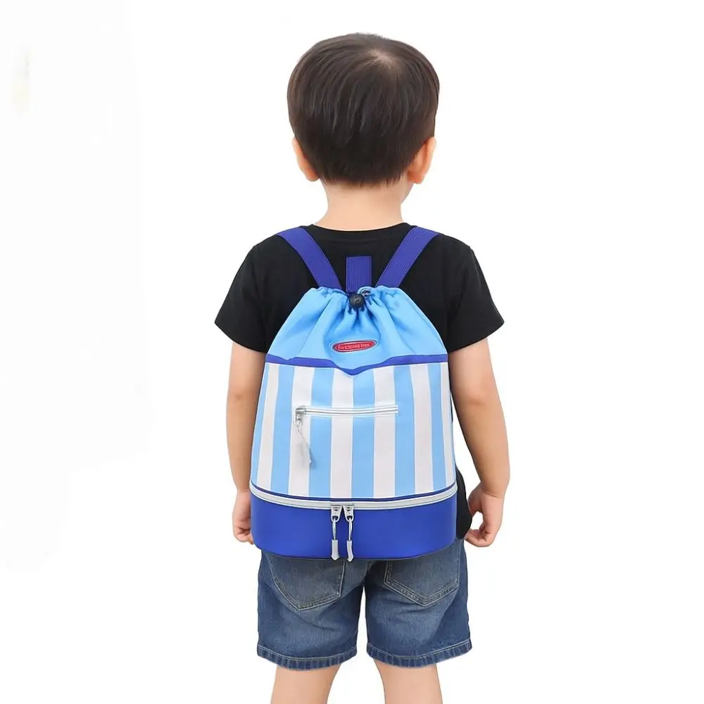 Mochila de natación para niños con separación en seco/húmedo, ligera, impermeable, bolsa de playa para niños, gran capacidad a rayas