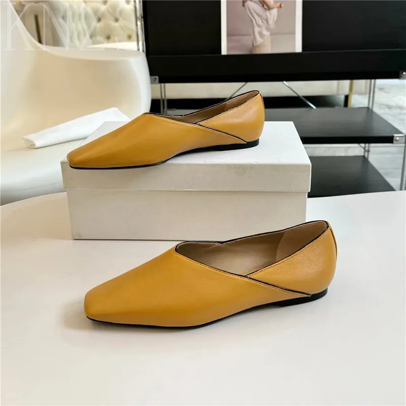 

Spring Summer Newest Square Toe Genuine Leather Ballet Flats Woman Concise Shallow Mouth Slip-on Casual Single Shoes Women 2024