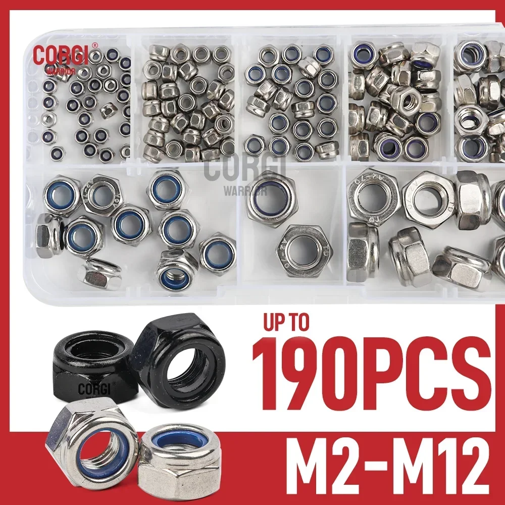 up to 190 Metric Nylon Insert Lock Nuts Assortment Kit Stainless Steel M2 M2.5 M3 M4 M5 M6 M8 M10 M12 Black Zinc Carbon Steel