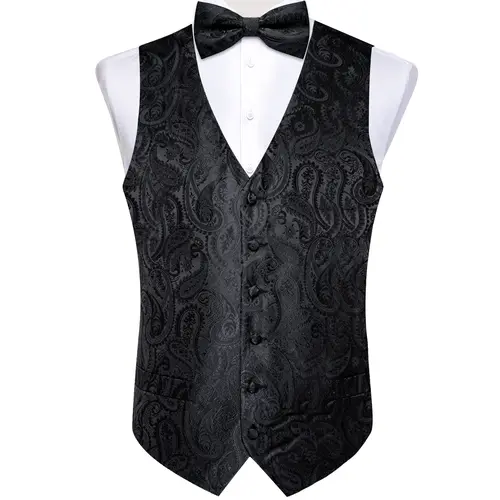 Men Black Paisley Vest Necktie Bowtie Pocket Square Cufflinks Dress Set жилетка мужская Classic 5 PCS Business Waistcoat for Man - Image 3