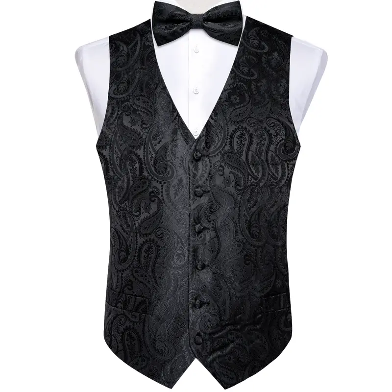 Men Black Paisley Vest Necktie Bowtie Pocket Square Cufflinks Dress Set жилетка мужская Classic 5 PCS Business Waistcoat for Man - Image 3