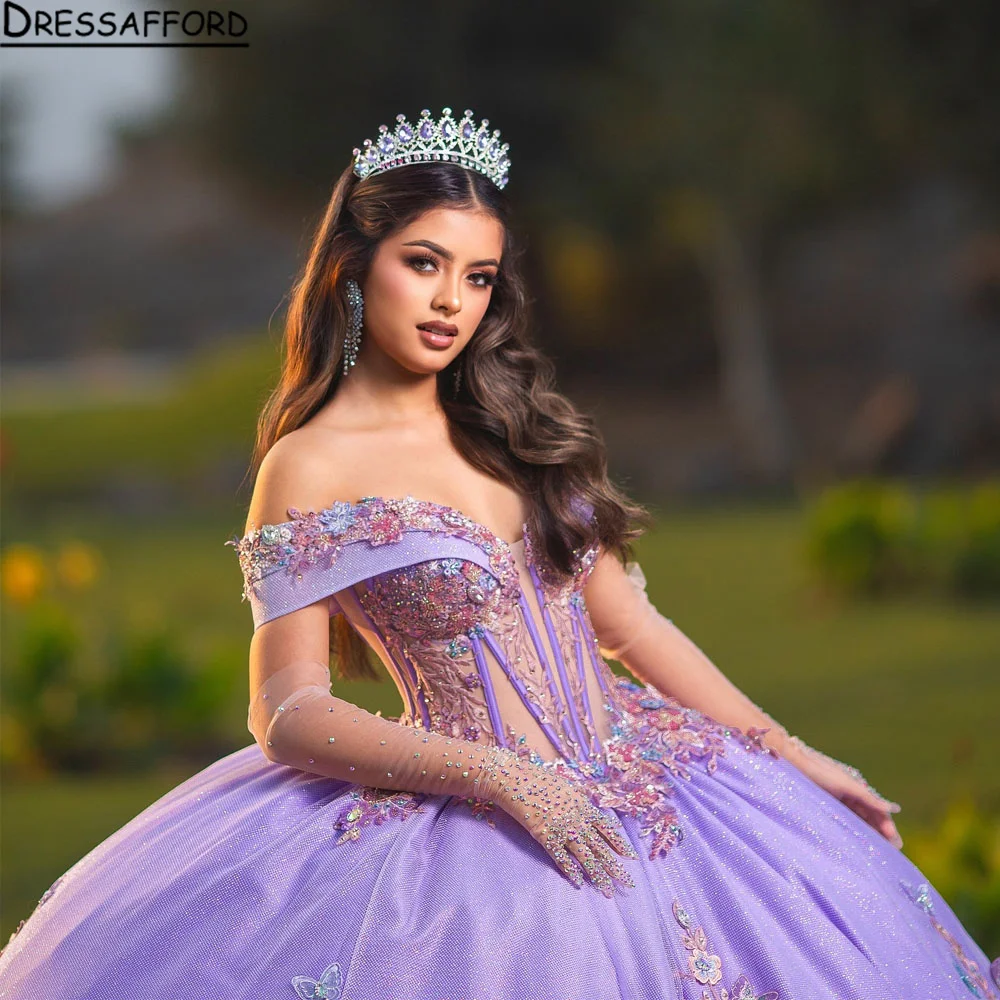 Meksiko ungu dari gaun pesta bahu gaun Quinceanera untuk anak perempuan applique gaun pesta 3D bunga manis 16 Robe De Bal