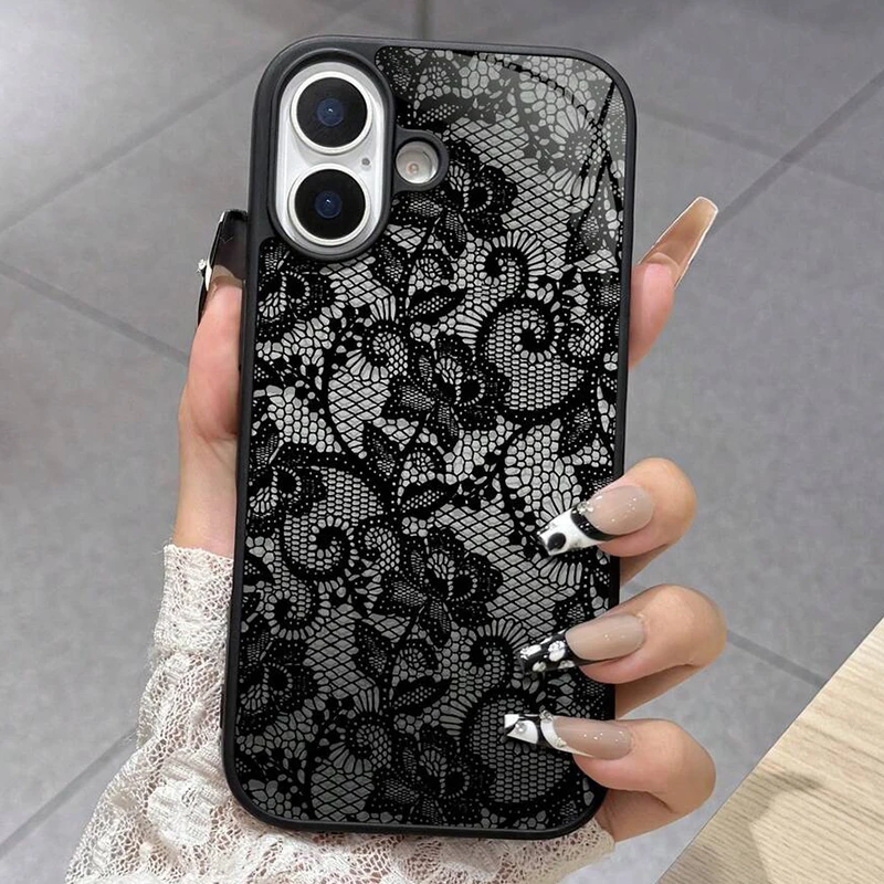 Custodia in silicone con raffinato motivo in pizzo per iPhone 17 16 15 14 13 12 11 Pro Max, Air 16E 16 Plus XS X XR - Morbida Funda