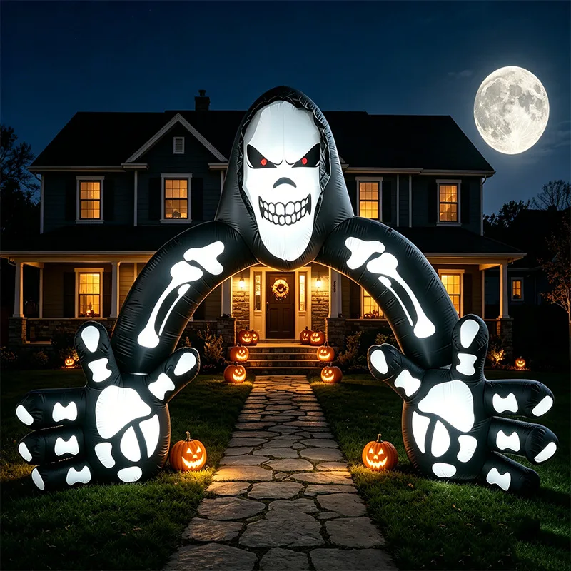 Halloween Inflatable Skeleton Reaper Arch Model With Built-in LED Lights, Waterproof Inflatable Archway Ornament