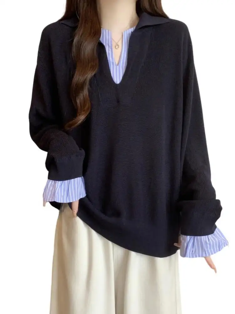 

Korean Color Blo V Ne Knitted Top Women's Faion Autumn Long Sve Loose Fit Color Design Sense Trendy Youthful