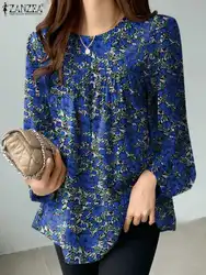 ZANZEA-Blusa de manga abullonada con cuello redondo para Mujer, camisa informal con estampado Floral, estilo bohemio, para fiesta, otoño