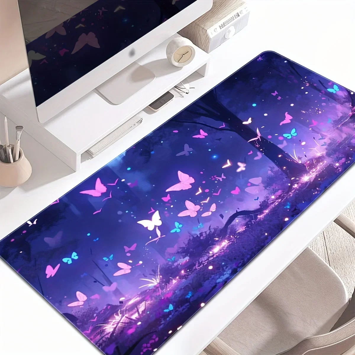 

Purple Butterflies Large Gaming Mouse Pad XXL 90x40 Laptop Keyboard Desk Decor Anti-slip Rubber Mat with Stitched Edges for Work